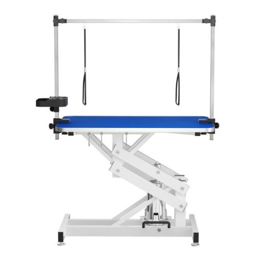 "43" Blue Heavy-Duty Hydraulic Dog Grooming Table: Anti-Static Top, Adjustable Z-Lift (21-36"), Double Armrests, Leash Covers, Tool Organizers