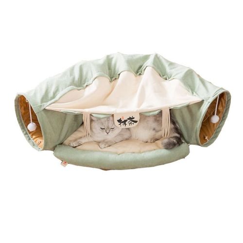 Cat Tunnel Toy Bed with Cushion Mat with Pop up Collapsible 2 Way Tube and Scratching Ball Interactive Toy Peak Hole Hideout House for Cat Puppy